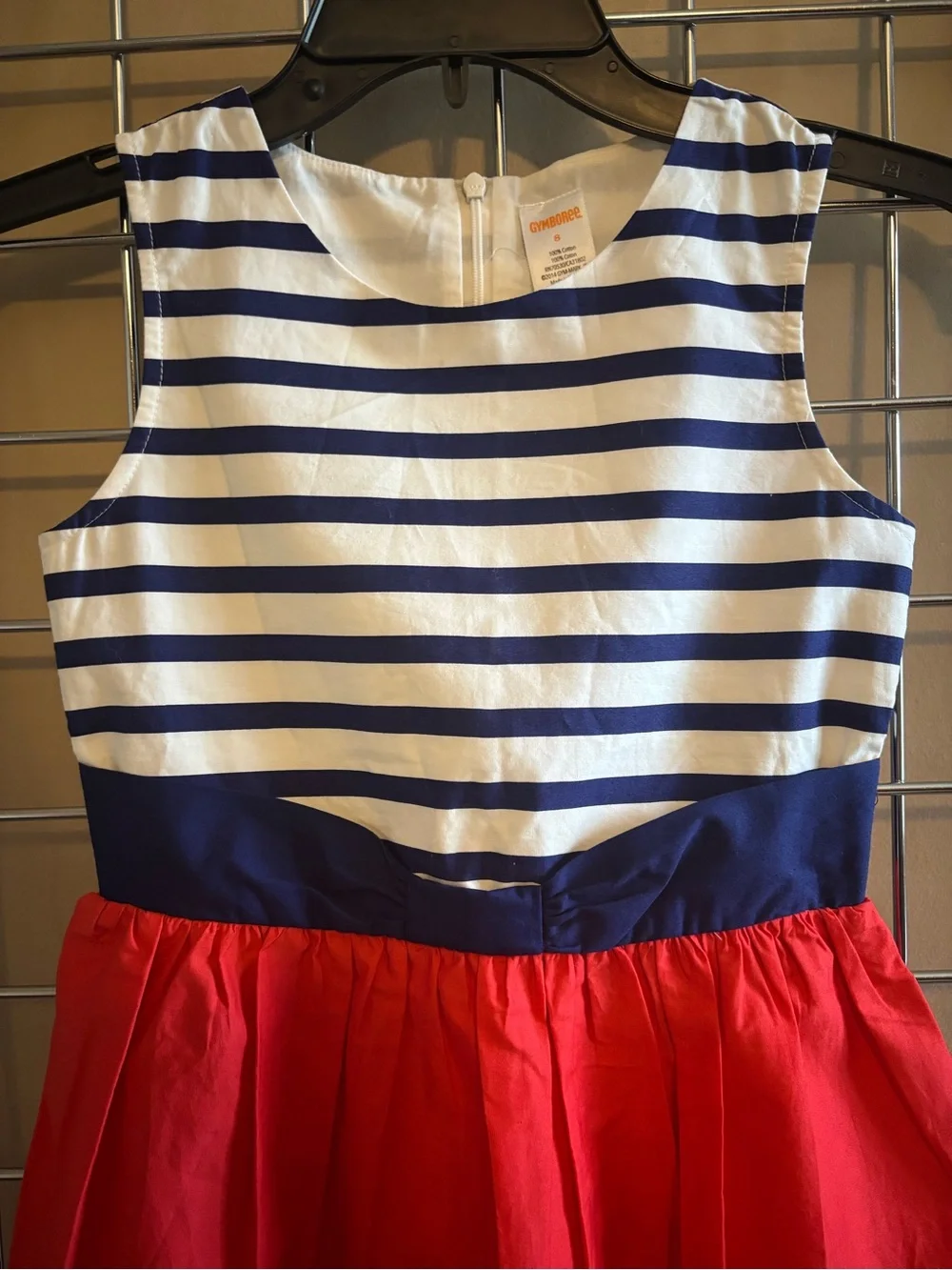 Gymboree Navy, White & Red Striped Waist-Bow Girls Dress Sz 8 Modest